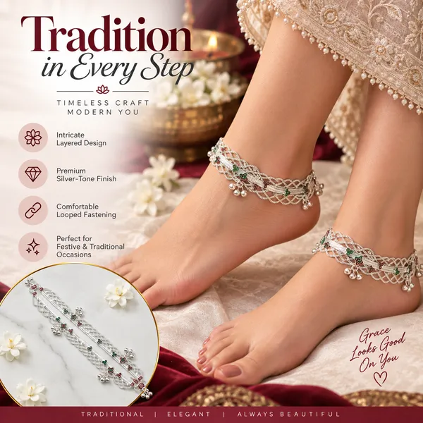 Silver_Tone_Layered_Chain_Star_Motif_Anklet_Pair_For_Women