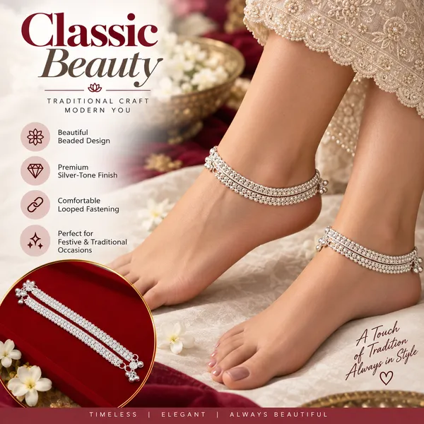 Silver_Tone_Beaded_Floral_Anklet_For_Women