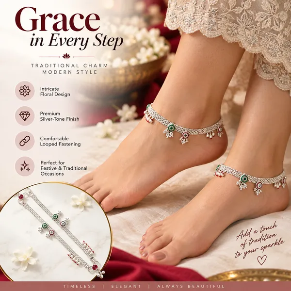 Silver_Tone_Floral_Green_Stone_Embellished_Anklet_Pair_For_Women
