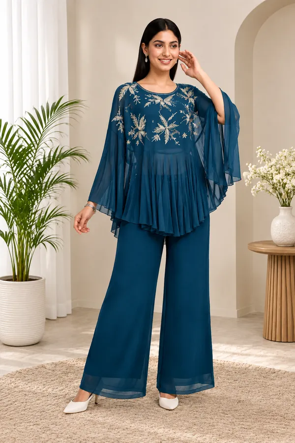 Blue_Pure_Chinon_Flared_Embroidered_Kurta_Set_For_Women