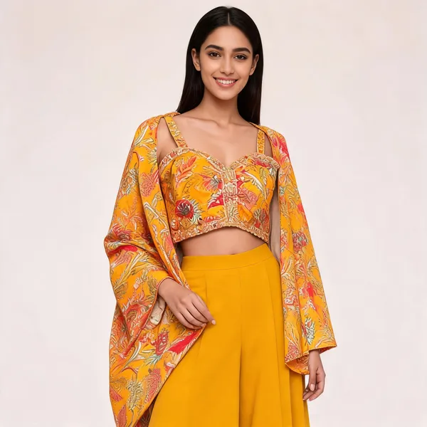 Yellow_Crepe_Printed_Cape_Style_Plazo_Set_For_Women