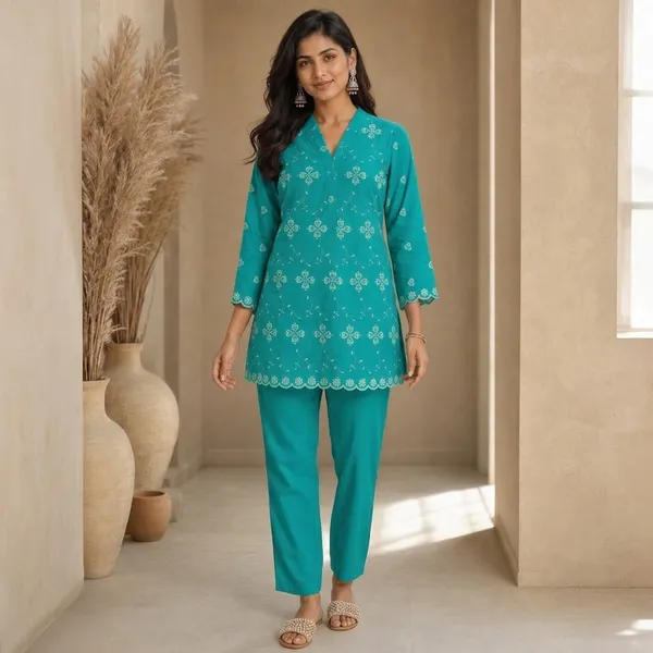 Teal_Cotton_Floral_Straight_Coord_Set_For_Women