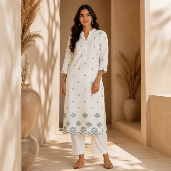 White_Rayon_Printed_Kurta_Pant_Set_For_Women