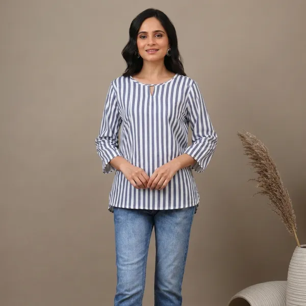 White_Striped_Round_Neck_Short_Kurti_For_Women