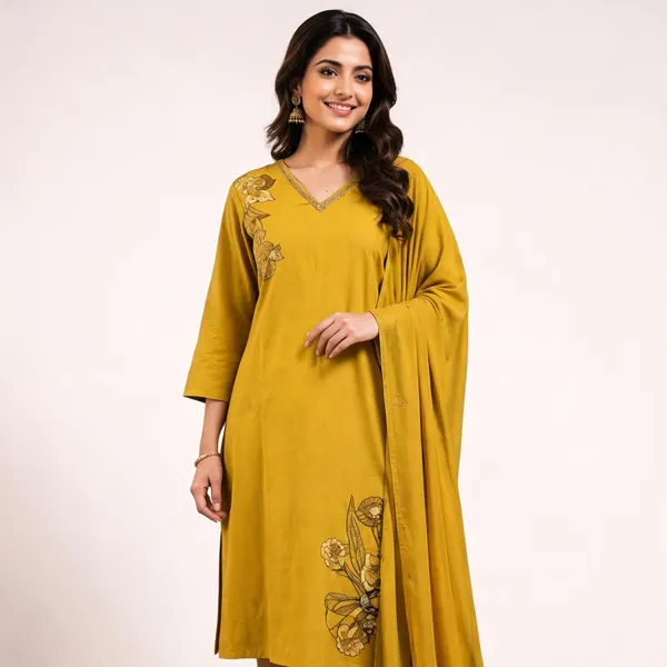 Yellow_Cotton_Embroidered_Straight_Suit_Set_For_Women