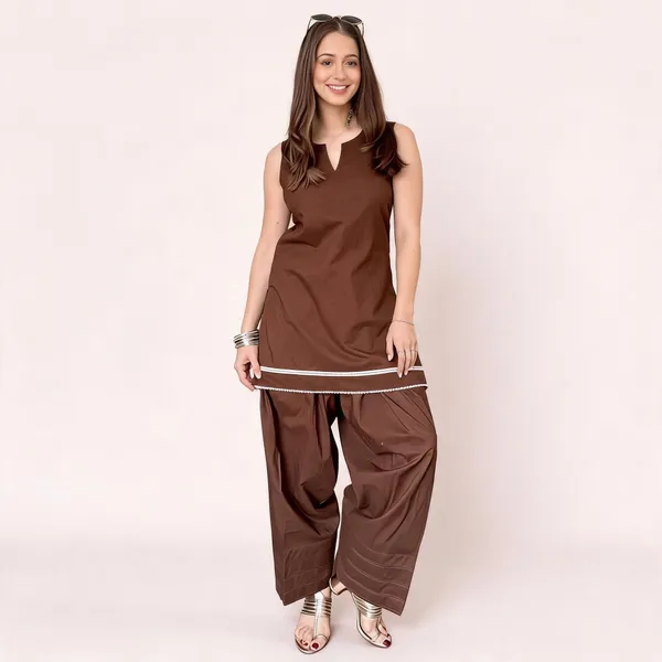Brown_Cotton_Relaxed_Sleeveless_Kurta_Set_With_Farshi_Salwar_For_Women