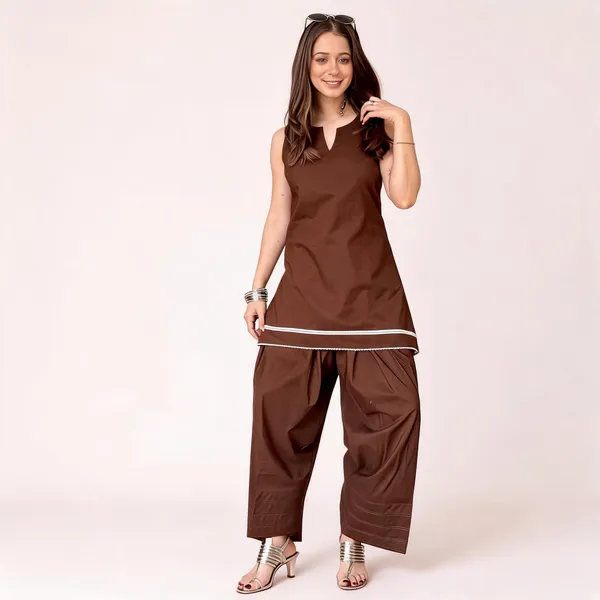 Brown_Cotton_Relaxed_Sleeveless_Kurta_Set_With_Farshi_Salwar_For_Women