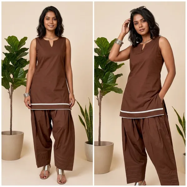 Brown_Cotton_Relaxed_Sleeveless_Kurta_Set_With_Farshi_Salwar_For_Women