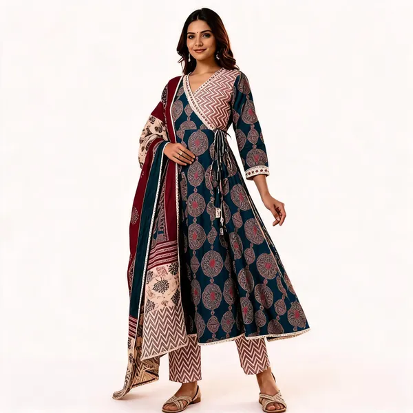 Teal_Cotton_Anarkali_Printed_Kurta_Pant_Set_For_Women
