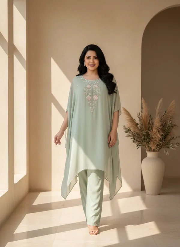 Mint_Green_Chiffon_Embroidered_Kaftan_Set_For_Women