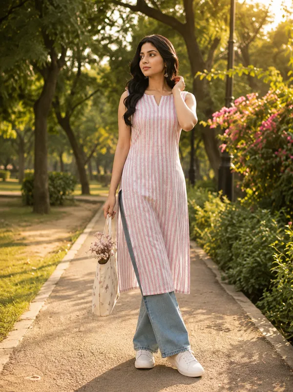 Pink_Cotton_Striped_Sleeveless_Kurti_For_Women