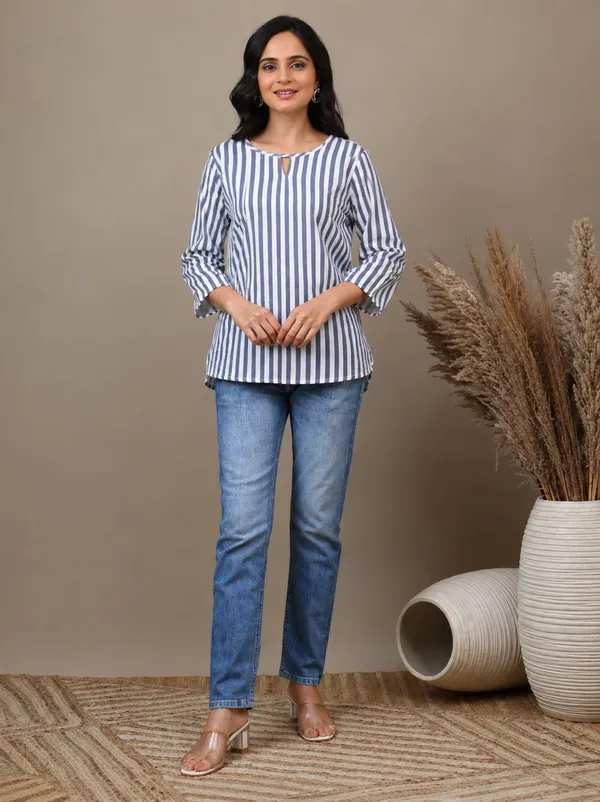 White_Striped_Round_Neck_Short_Kurti_For_Women