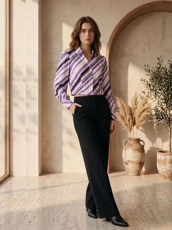 Purple_Striped_Cotton_Poplin_Cropped_Shirt_Co-Ord_Set_For_Women