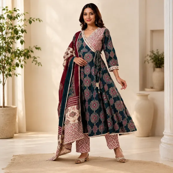 Teal_Cotton_Anarkali_Printed_Kurta_Pant_Set_For_Women