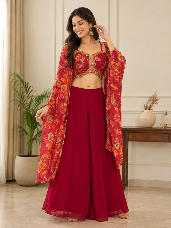 Pink_Crepe_Floral_Printed_Cape_Style_Co-Ord_Set_For_Women