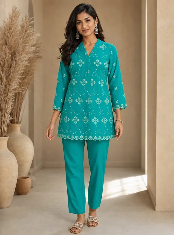 Teal_Cotton_Floral_Straight_Coord_Set_For_Women