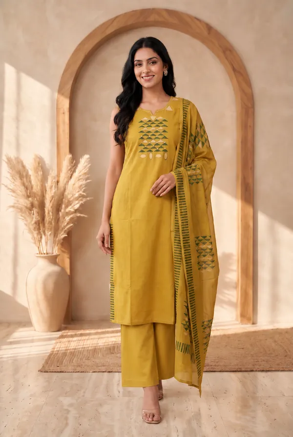 Yellow_Cotton_Geometric_Sleeveless_Kurta_Set_For_Women