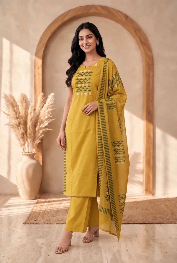 Yellow_Cotton_Geometric_Sleeveless_Kurta_Set_For_Women