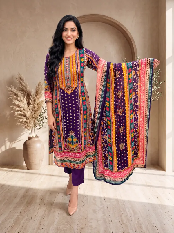 Purple_Jodhpuri_Silk_Printed_Kurta_Palazzo_Set_For_Women