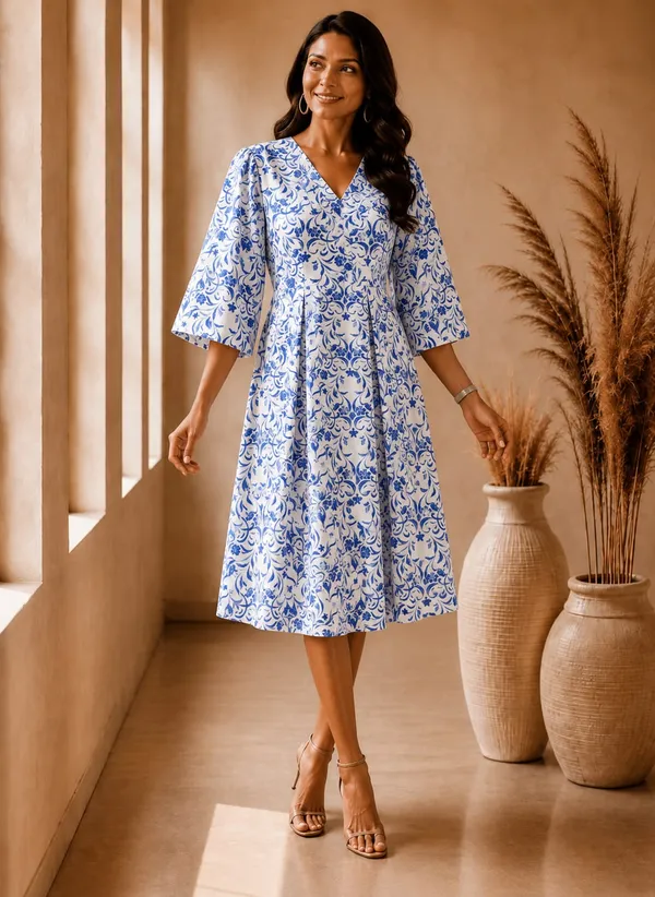 White_Blue_Cotton_Floral_Print_Straight_Dress_For_Women