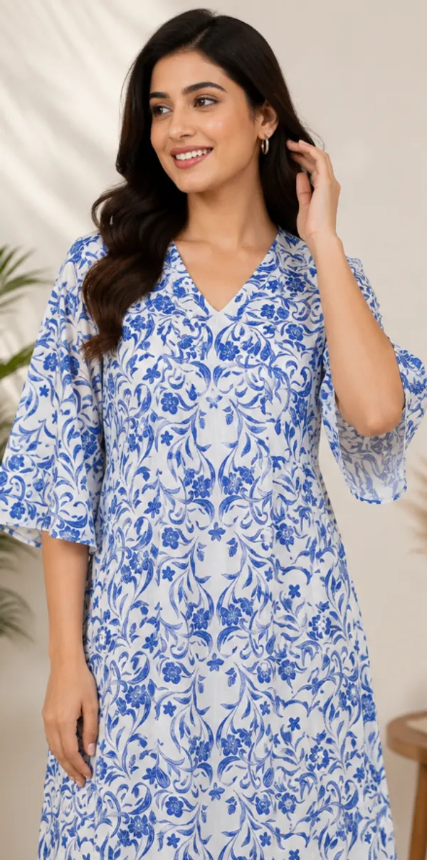 White_Blue_Cotton_Floral_Print_Straight_Dress_For_Women