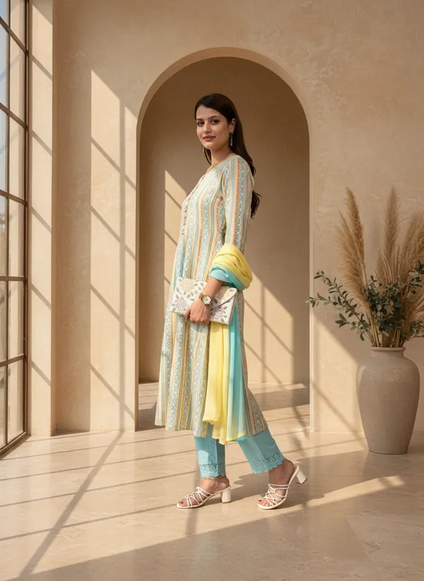 Blue_Yellow_Crepe_Printed_Frock_Style_Kurta_Pant_Set_For_Women