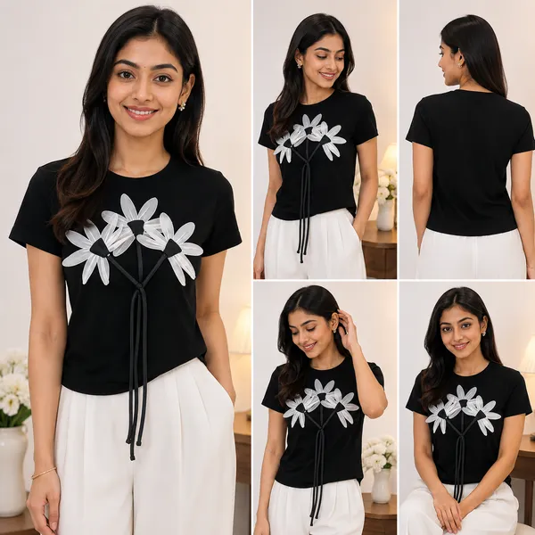 Black_Floral_Applique_Round_Neck_T-Shirt_For_Women