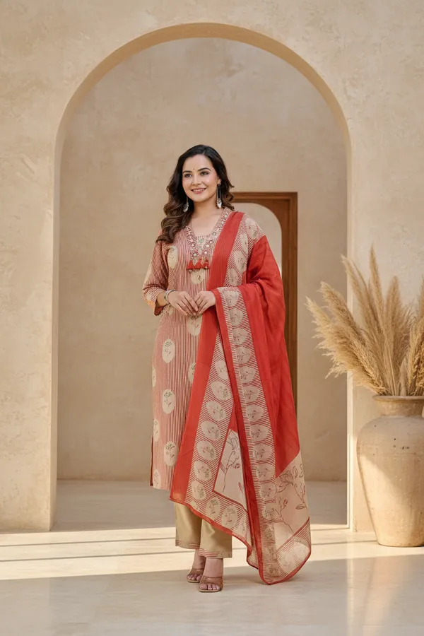 Rust_Cotton_Straight_Printed_Kurta_Set_For_Women