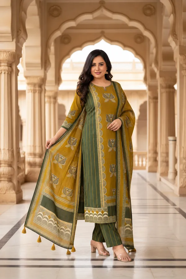 Mustard_Cotton_Printed_Kurta_Pant_Set_For_Women