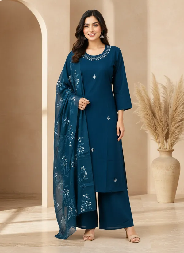 Blue_Cotton_Embroidered_A_Line_Suit_Set_For_Women