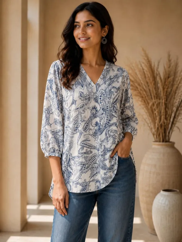 White_Cotton_Paisley_Print_Straight_Kurti_For_Women
