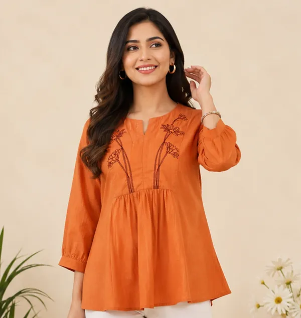 Orange_Cotton_Floral_Embroidered_Gathered_Short_Kurti_For_Women