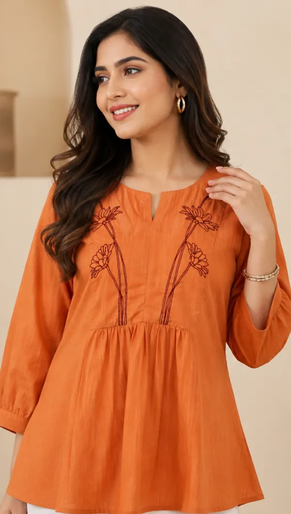 Orange_Cotton_Floral_Embroidered_Gathered_Short_Kurti_For_Women
