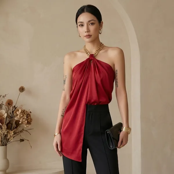 Red_Satin_Halter_Neck_Draped_Top_For_Women