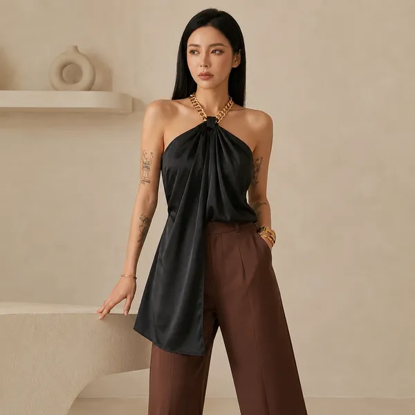 Black_Satin_Halter_Neck_Draped_Top_For_Women