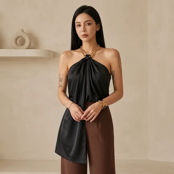 Black_Satin_Halter_Neck_Draped_Top_For_Women