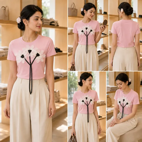 Pink_Floral_Applique_Round_Neck_T-Shirt_For_Women