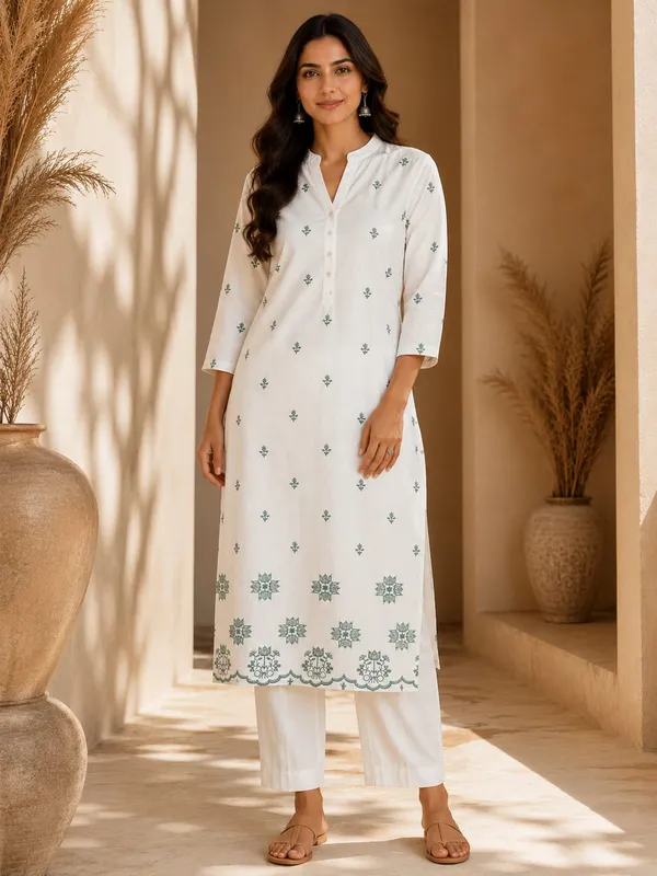 White_Rayon_Printed_Kurta_Pant_Set_For_Women