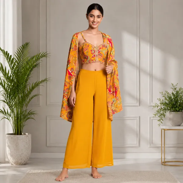 Yellow_Crepe_Printed_Cape_Style_Plazo_Set_For_Women