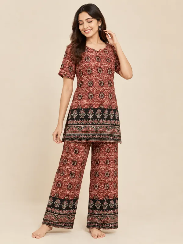 Maroon_Cotton_Relaxed_Printed_Kurta_Pant_Set_For_Women