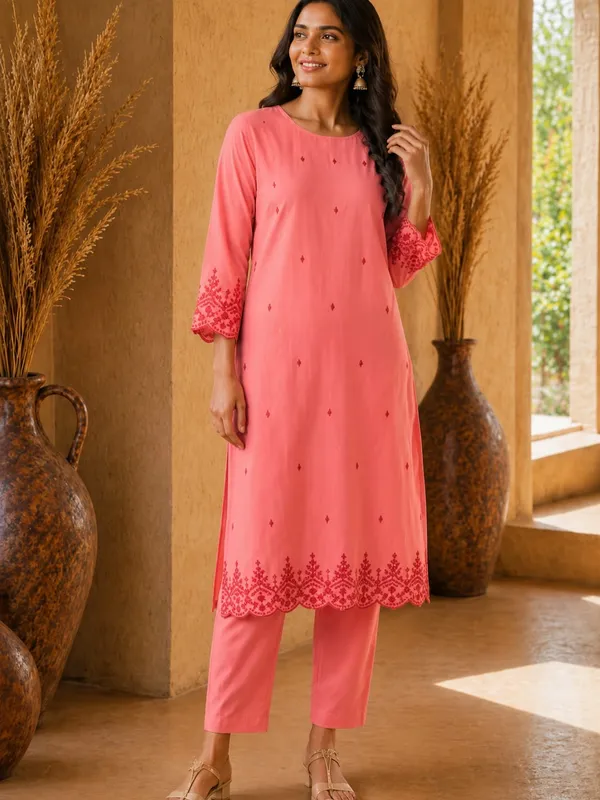 Carrot_color_Cotton_Straight_Printed_Kurta_Set_For_Women