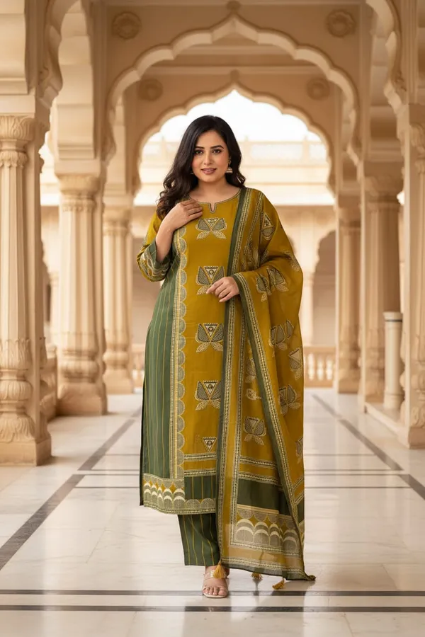 Mustard_Cotton_Printed_Kurta_Pant_Set_For_Women