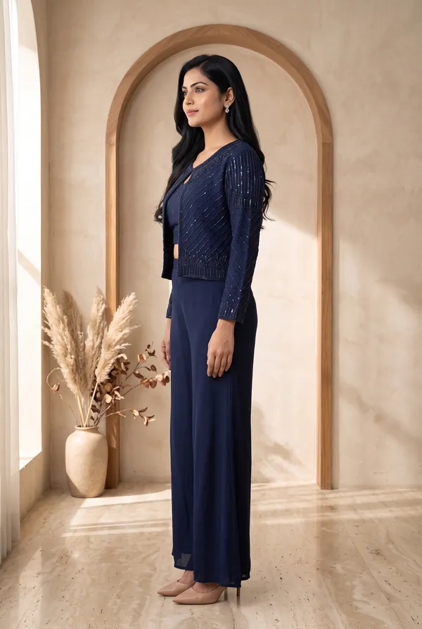 Navy_Heavy_Chiffon_Textured_Cropped_Jacket__3_piece_indowestern_dress_For_Women