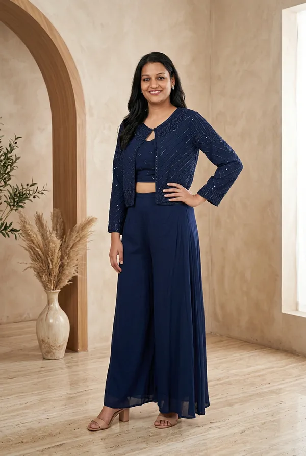 Navy_Heavy_Chiffon_Textured_Cropped_Jacket__3_piece_indowestern_dress_For_Women