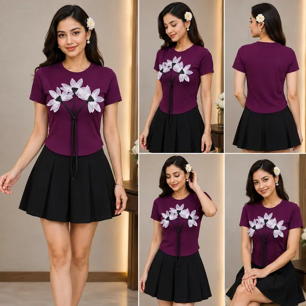 Purple_Floral_Applique_Round_Neck_T-Shirt_For_Women