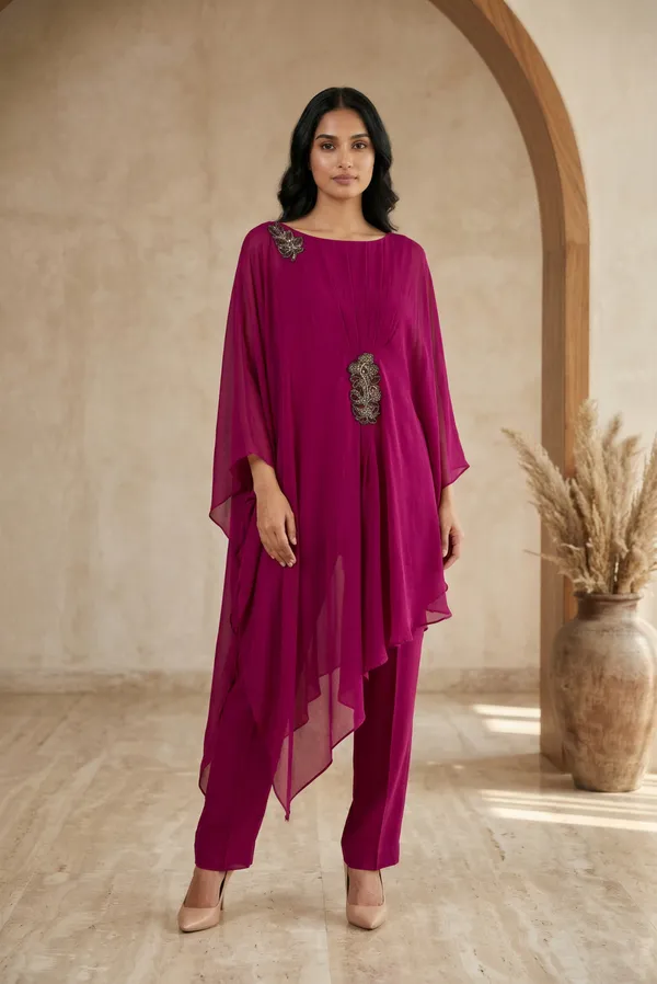 Burgundy_Pure_Chinon_Relaxed_Fit_Kurta_Set_For_Women