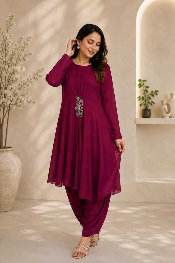 Burgundy_Pure_Chinon_Relaxed_Fit_Kurta_Set_For_Women