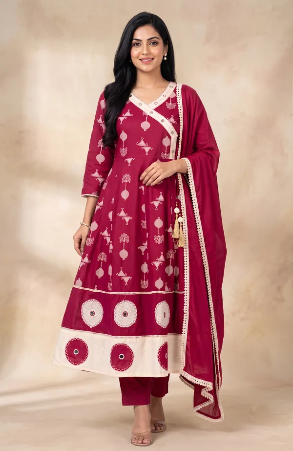 Red_Cotton_Printed_Anarkali_Kurta_Set_For_Women