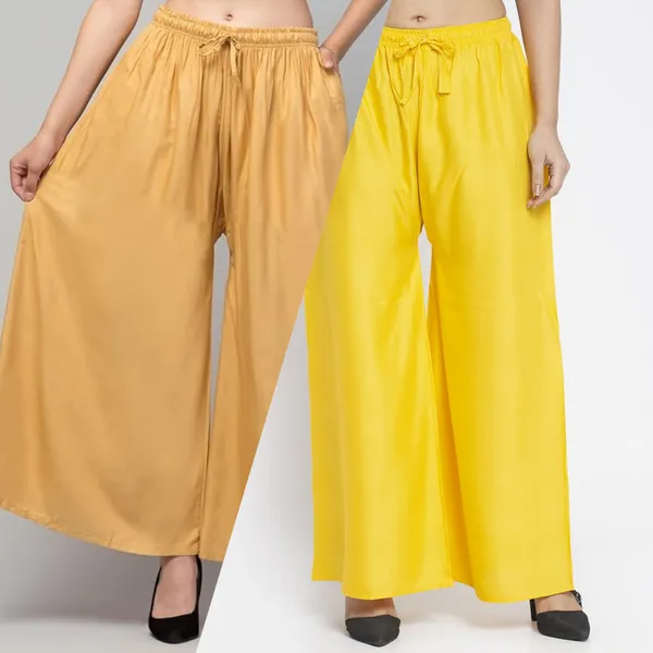 Beige_And_Yellow_Rayon_Wide_Leg_Palazzo_Pants_For_Women