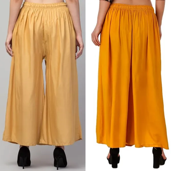 Beige_And_Mustard_Rayon_Wide_Leg_Flared_Palazzo_Pants_For_Women
